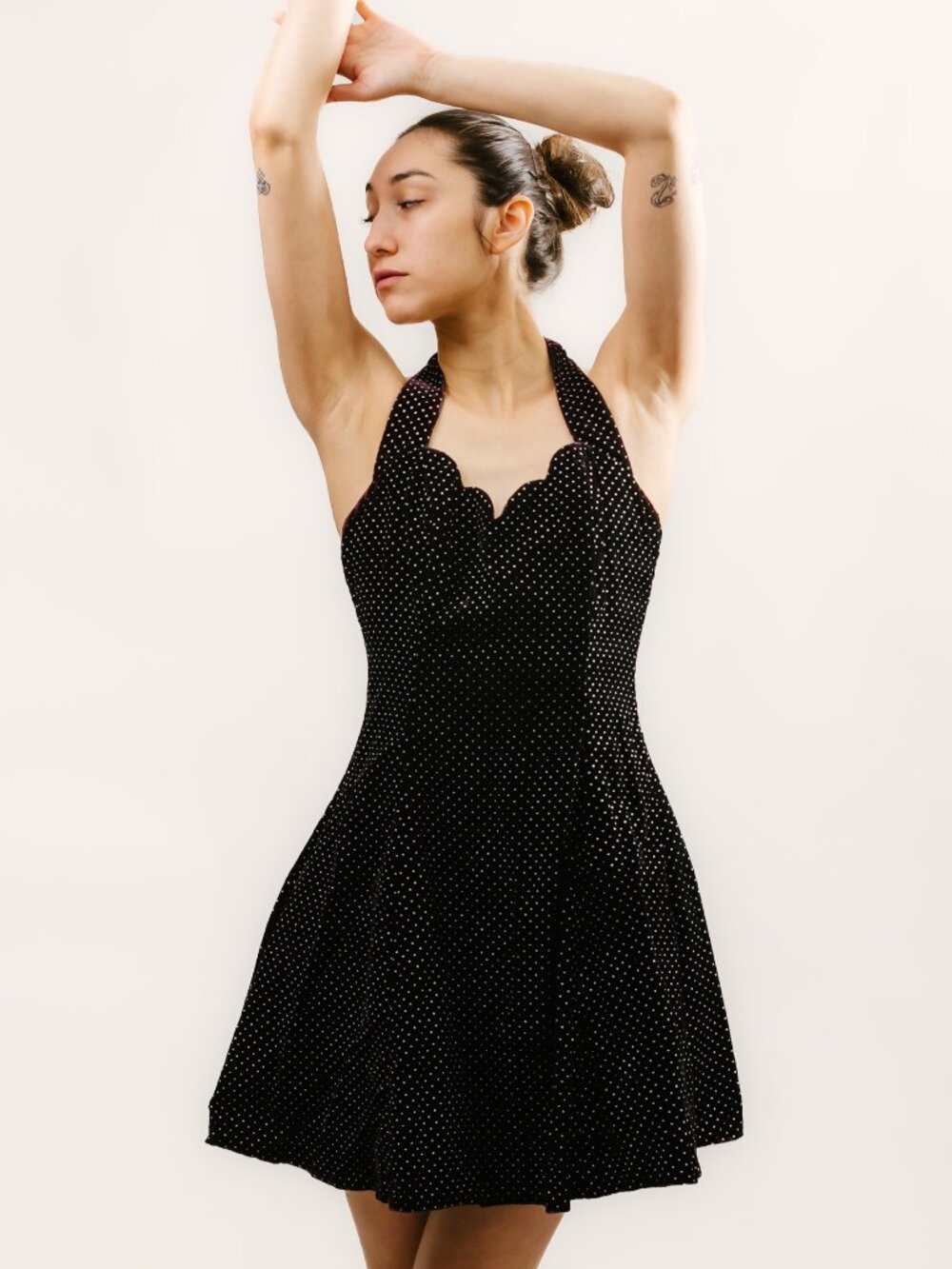 80s Polka Dot Halter Dress (S) small black vintage mini retro rockabilly twee